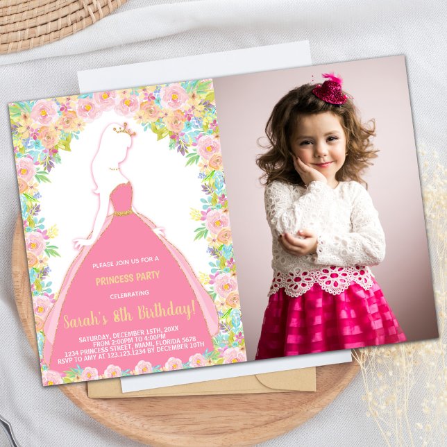Photo Blommigt Glitter Rosa Princess Birthday Inbjudningar (Photo Floral Glitter Pink Princess Birthday Invitation)