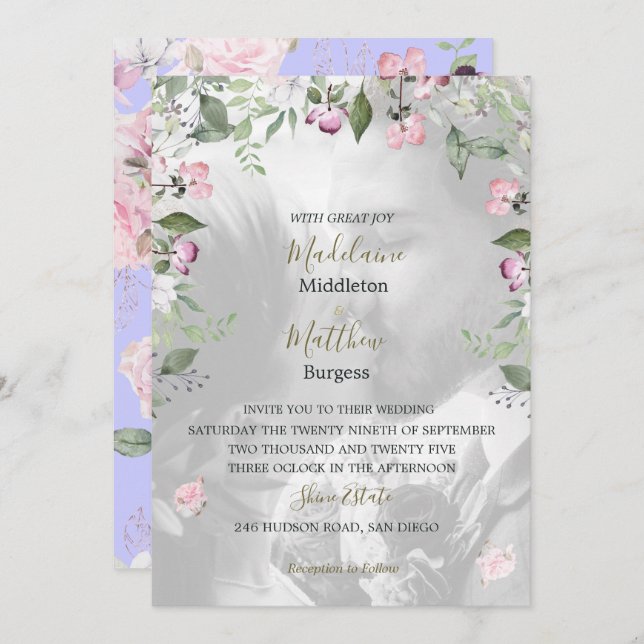 Photo Blommigt Lila Guld Rosa Bröllop Inbjudningar (Fram/baksida)