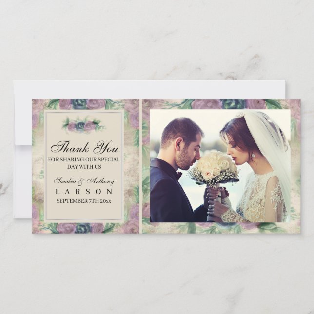 Photo Blommigt Watercolor Ro Bröllop Tack Kort (Framsida)