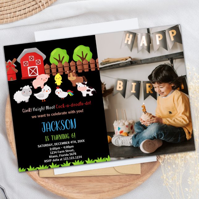 Photo Blue Black Red Boskap Birthday Inbjudningar (Photo Blue Black Red Farm Animals Birthday Invitation)