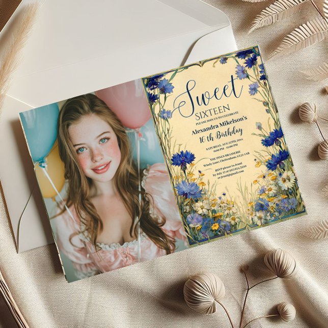 Photo Blue Cornflower Art Nouveau Sweet Sixteen Inbjudningar (Skapare uppladdad)