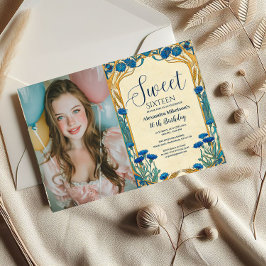 Photo Blue Cornflower Art Nouveau Sweet Sixteen Inbjudningar