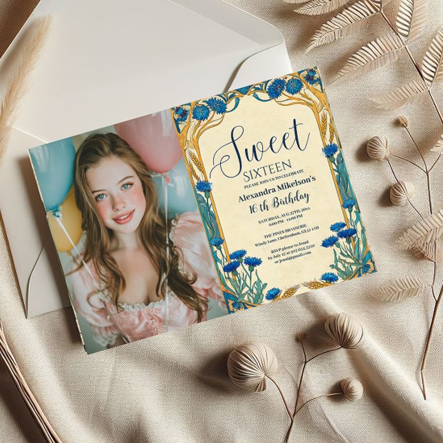 Photo Blue Cornflower Art Nouveau Sweet Sixteen Inbjudningar (Skapare uppladdad)
