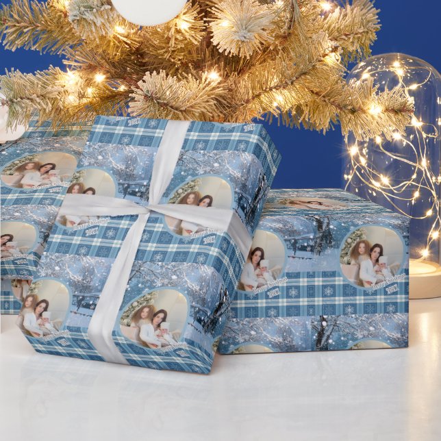 Photo Blue Cozy Plaid Winter Christmas Presentpapper (Helgdagar)