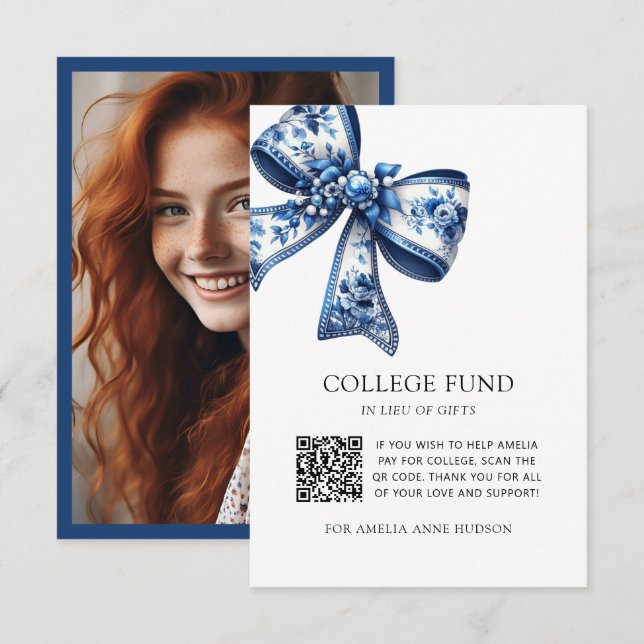 Photo Blue Floral Bow QR Code College Fund  Tilläggskort (Fram/baksida)