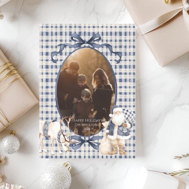 Photo Blue Gingham Santa Family Christmas Julkort (Skapare uppladdad)