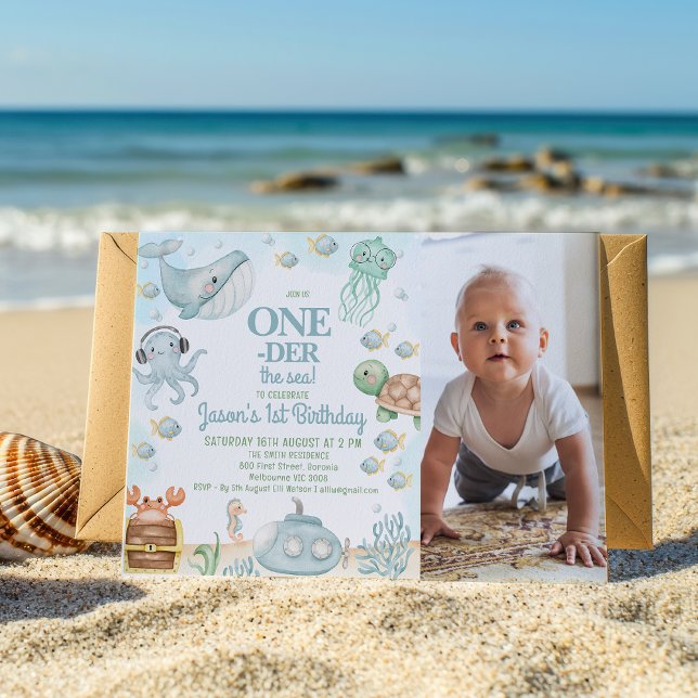Photo Blue Grått Oneder Sea Boys 1:a födelsedagen Inbjudningar (Editable Oneder The Sea Birthday Invitation with Photo, Ocean Themed 1st Birthday Invitation Boy)