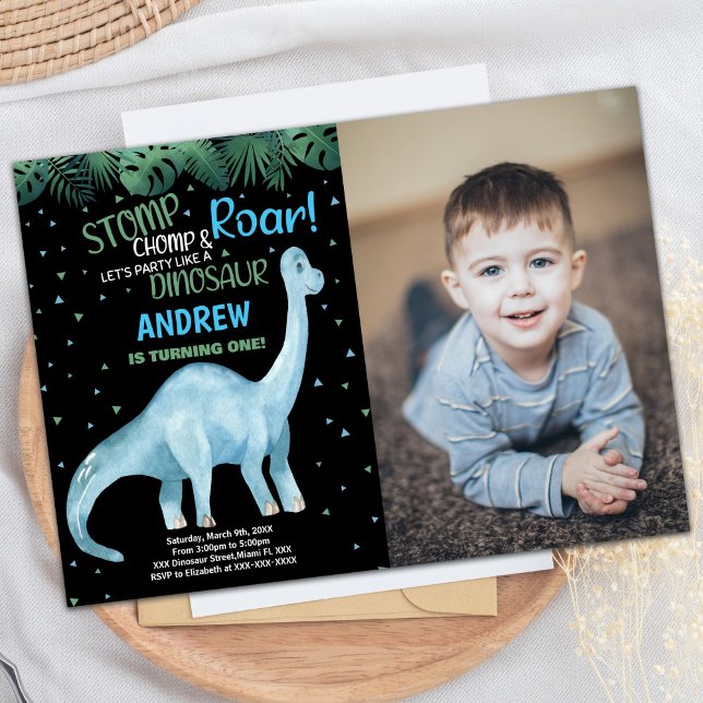 Photo Blue Grönt Black Dinosaur Birthday Inbjudningar (Photo Blue Green Black Dinosaur Birthday Invitation)