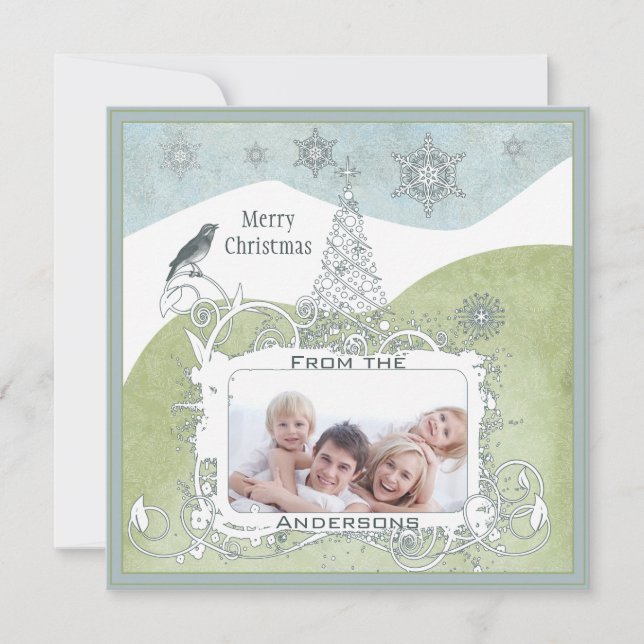 Photo Blue Snowflake Julgran Cute Bird Julkort (Framsida)