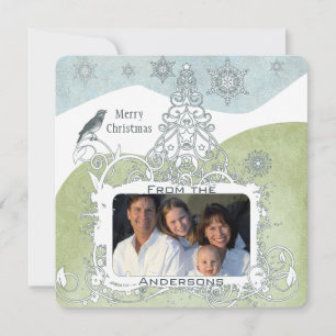 Photo Blue Snowflake Julgran Cute Bird Julkort