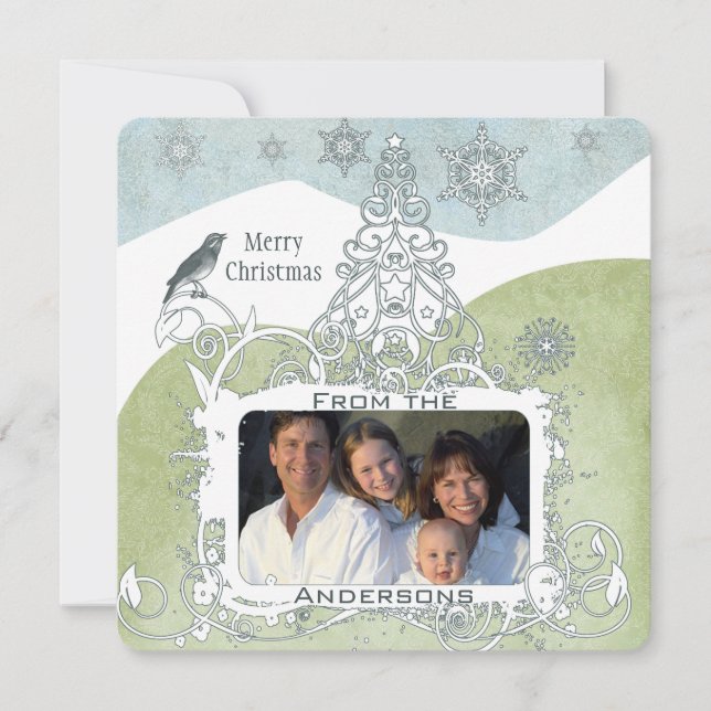 Photo Blue Snowflake Julgran Cute Bird Julkort (Framsida)