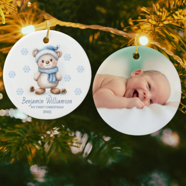 Photo Blue Snowflakes Bear Baby's 1st Christmas Julgransprydnad Keramik (Skapare uppladdad)
