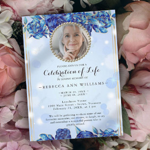 Photo Blue Sparkly Blommigt Guld Firande i Life Inbjudningar