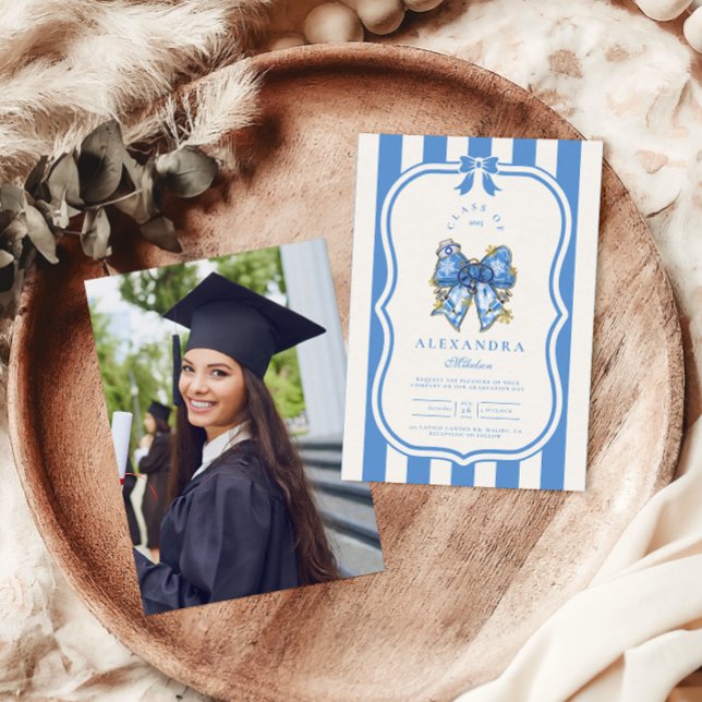 Photo Blue Toile Bow Coquette Nursing School Gradu Inbjudningar (Skapare uppladdad)