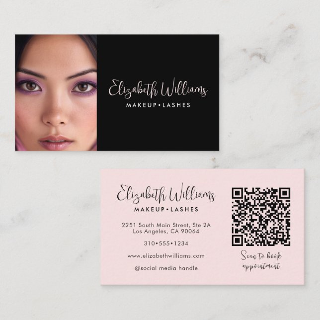 Photo Blush Pink Script Black QR Code Makeup Chic Visitkort (Fram/baksida)