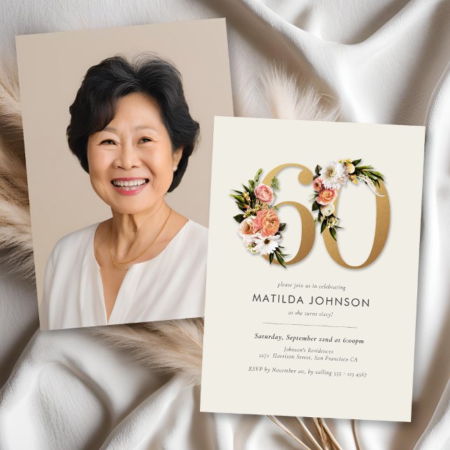 Photo Boho Blommigt 60:e födelsedagen Inbjudningar (Photo Boho Floral 60th Birthday Invitation)