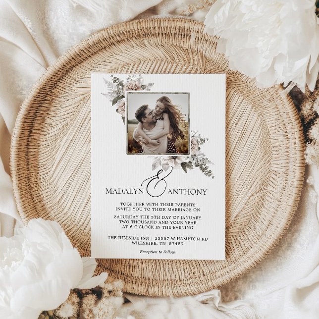 Photo Boho Blommigt Watercolor Bröllop Inbjudningar (Photo Boho Floral Watercolor Wedding Invitation)