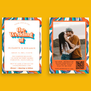 Photo Boho Groovy Retro Blue QR-kod Vågigt Bröllop Inbjudningar