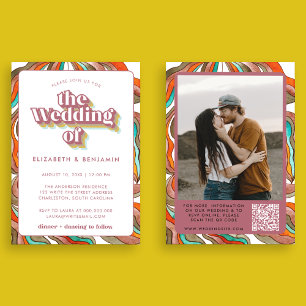 Photo Boho Groovy Retro QR Rosa Vågigt Bröllop Inbjudningar