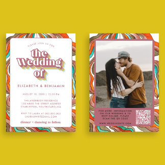 Photo Boho Groovy Retro QR Rosa Vågigt Bröllop Inbjudningar