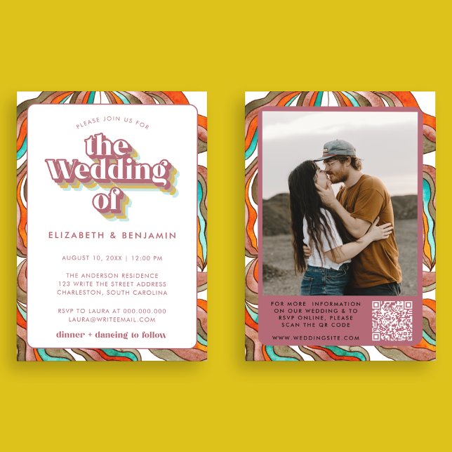 Photo Boho Groovy Retro QR Rosa Vågigt Bröllop Inbjudningar (Front and Back)