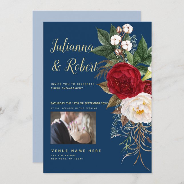 Photo Boho Navy Blue och Burgundy Blommigt Inbjudningar (Fram/baksida)