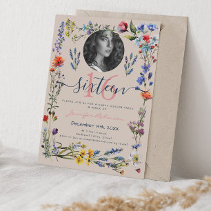 PHOTO Boho Pressed Wildblommor Sweet 16 Champagne Inbjudningar