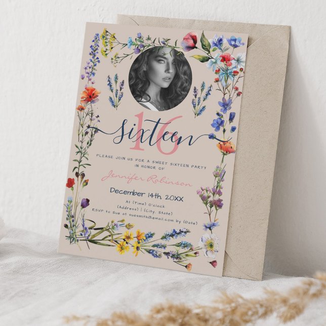 PHOTO Boho Pressed Wildblommor Sweet 16 Champagne Inbjudningar (PHOTO Boho Pressed Wildflowers Sweet 16 Champagne Invitation)