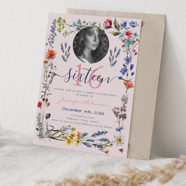 PHOTO Boho Pressed Wildblommor Sweet 16  Inbjudningar (PHOTO Boho Pressed Wildflowers Sweet 16 Blush Invitation)