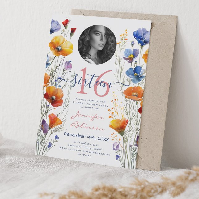 PHOTO Boho Watercolor Wildblommor Sweet 16 Party Inbjudningar (PHOTO Boho Watercolor Wildflowers Sweet 16 Party Invitation)