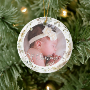 Photo Boho WildblommFlicka Första jul Julgransprydnad Keramik