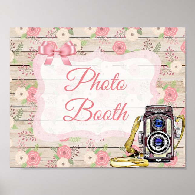 Photo Booth Sign Rosa Rustic Wood Blommigt Poster (Framsidan)