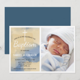 Photo Boy Baptism, Watercolor Blue och Guld Inbjudningar