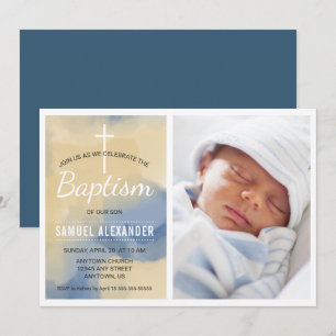 Photo Boy Baptism, Watercolor Blue och Guld Inbjudningar