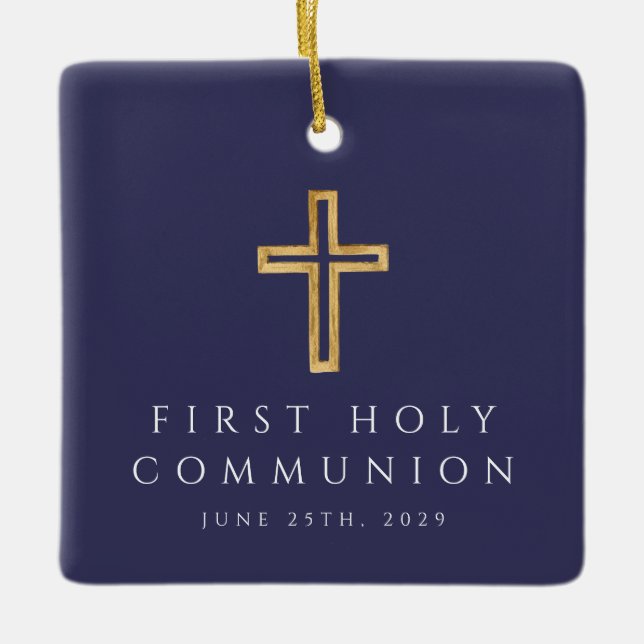 Photo Boy Religiösa Kor Blue First Communion Julgransprydnad Keramik (Framsida)
