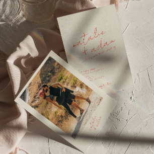 Photo Bright Orange Retro Roligt Whimsical Bröllop Inbjudningar