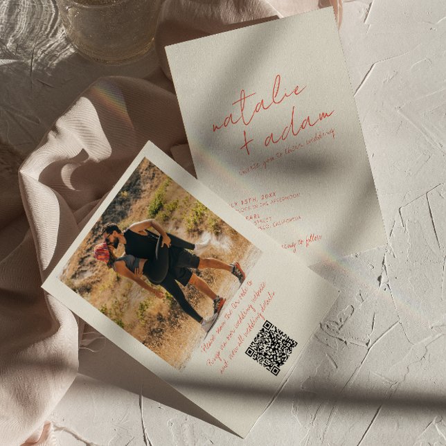 Photo Bright Orange Retro Roligt Whimsical Bröllop Inbjudningar (Skapare uppladdad)