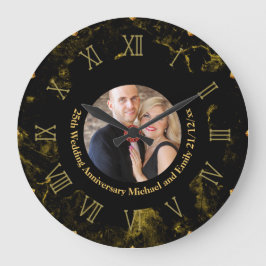 PHOTO Bröllop-årsdagen Black Guld Marble Clock Stor Klocka