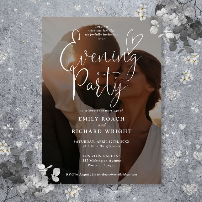 Photo Bröllop Elegant Script Evening Party Inbjudningar (Photo Wedding Elegant Script Evening Party Invitation)