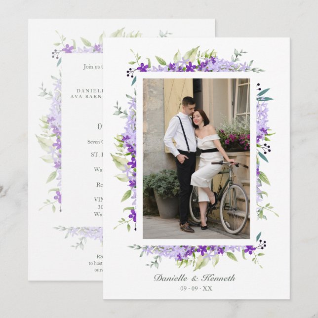 Photo Bröllop Lila Shades Flowers & Branche Inbjudningar (Fram/baksida)