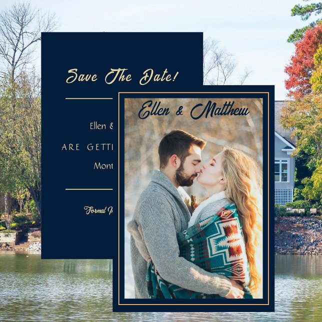 Photo Bröllop spara datum Modern Navy med Guld Inbjudningar (Photo Wedding Save the Date Modern Navy with Gold Invitation)