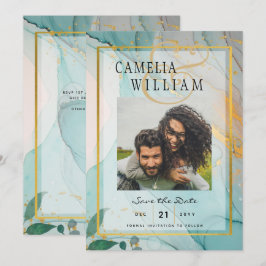PHOTO BRÖLLOP SPARA DATUM Teal Guld Bläck LeahG Inbjudningar