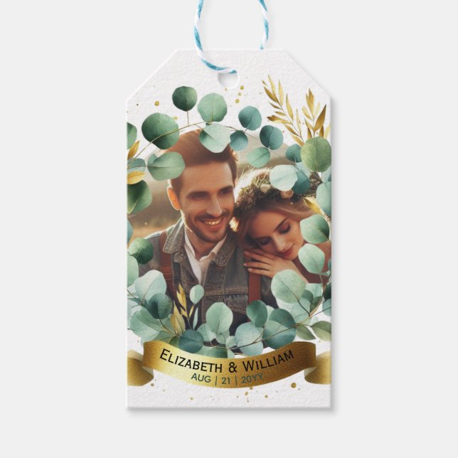 PHOTO Bröllop Tack Eucalyptus Löv Gift Presentetikett (Framsidan)