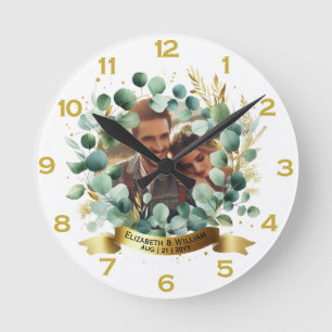 PHOTO Bröllop Tack Eucalyptus Löv Gift Rund Klocka