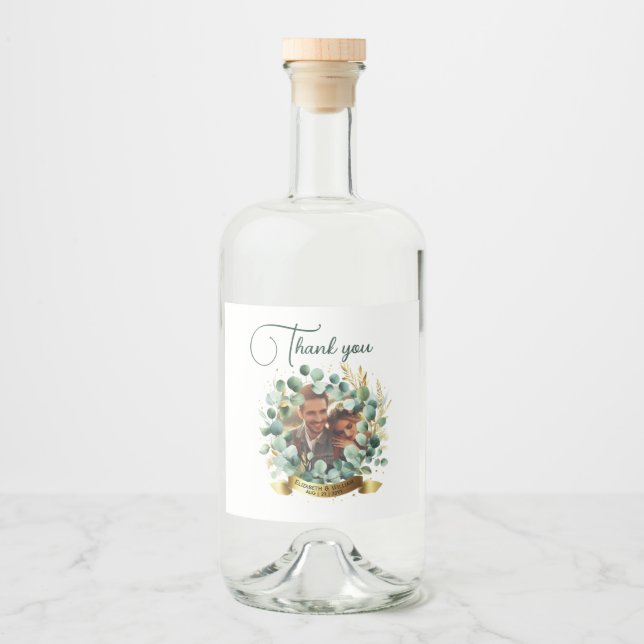 PHOTO Bröllop Tack Eucalyptus Löv Gift Spritflaskor Etikett (Framsida)