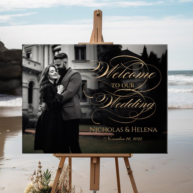 Photo bröllop-välkomsttecken, skript elegant guld poster (Skapare uppladdad)