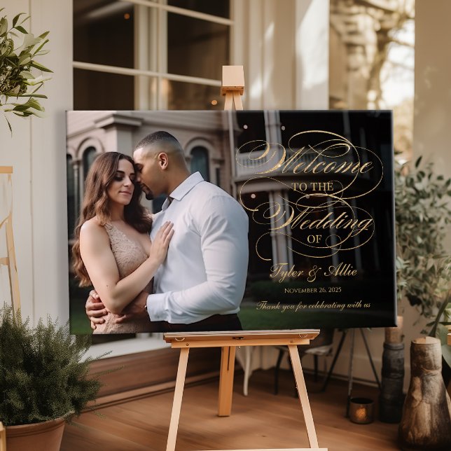 Photo bröllop-välkomsttecken, skript elegant guld poster (Skapare uppladdad)