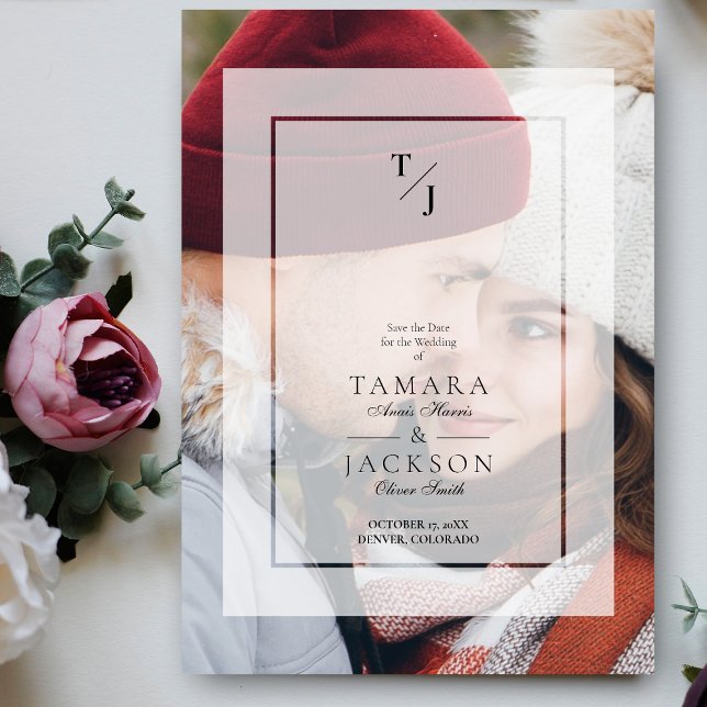 Photo Bröllop Vellum Transparency Effect Initialer Magnetisk Inbjudningskort (Skapare uppladdad)