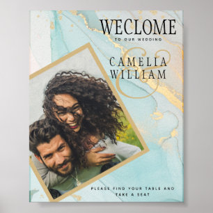 PHOTO BRÖLLOP WELCOME SIGN Sea Glass Teal Guld Blä Poster