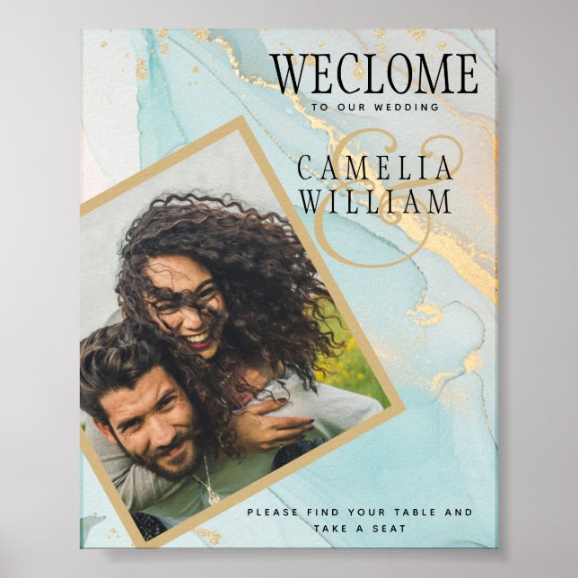PHOTO BRÖLLOP WELCOME SIGN Sea Glass Teal Guld Blä Poster (Framsidan)